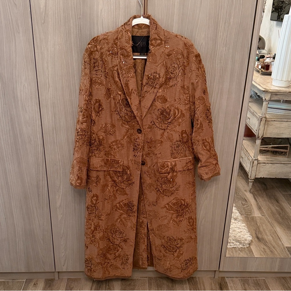 Zara Embroidered Rust Brown Trench Coat